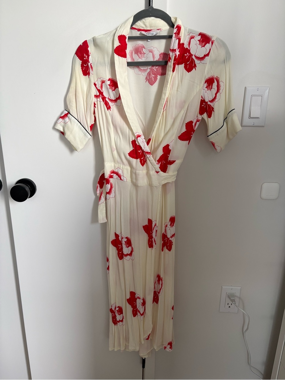 Ganni Cream Midi Wrap Dress with Red Floral Print